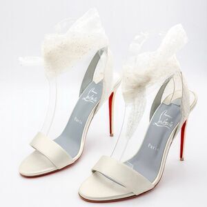 CHRISTIAN LOUBOUTIN Du Desert Glitter Tulle White Sandal Size 39 US 8.5 Heel